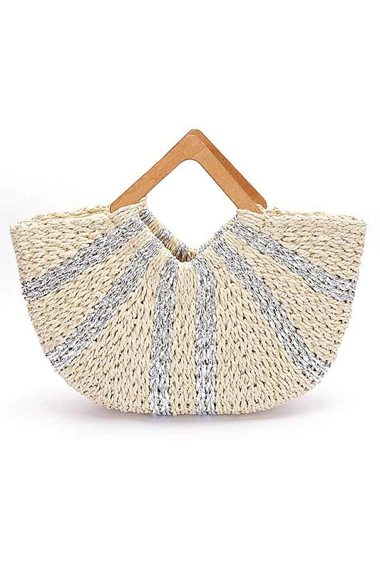 Wooden Handle Metallic Straw Basket Tote