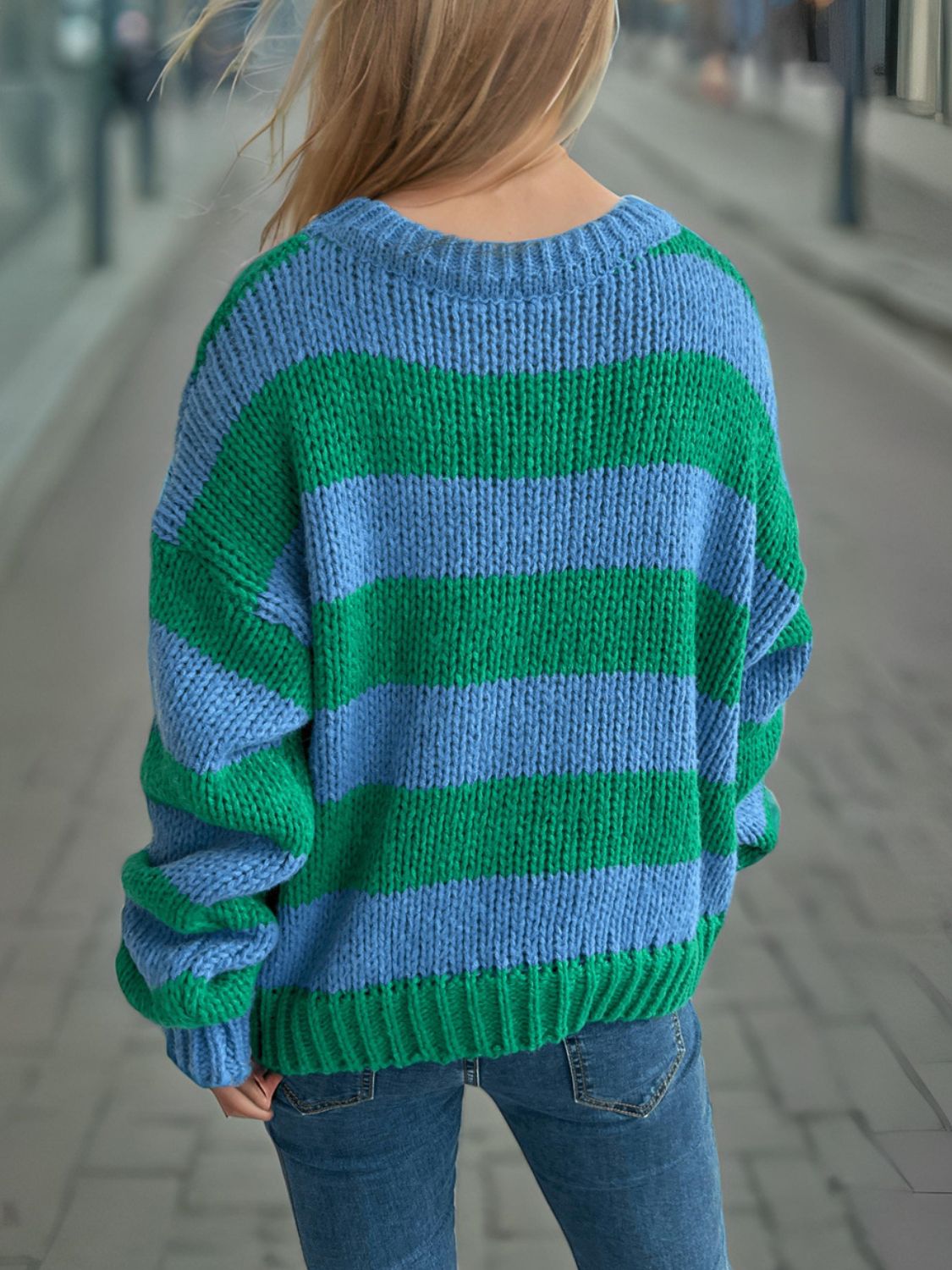 Contrast Striped Round Neck Long Sleeve Sweater