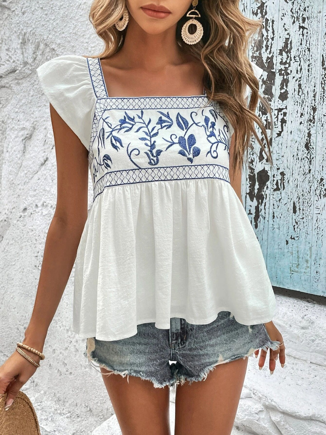 Embroidered Square Neck Cap Sleeve Blouse