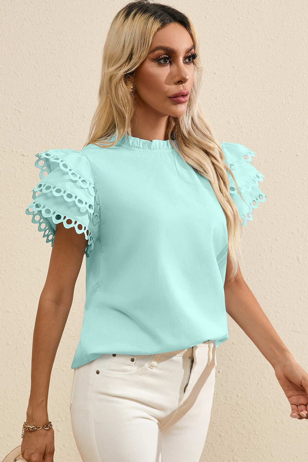 Ruffled Eyelet Round Neck Cap Sleeve Blouse