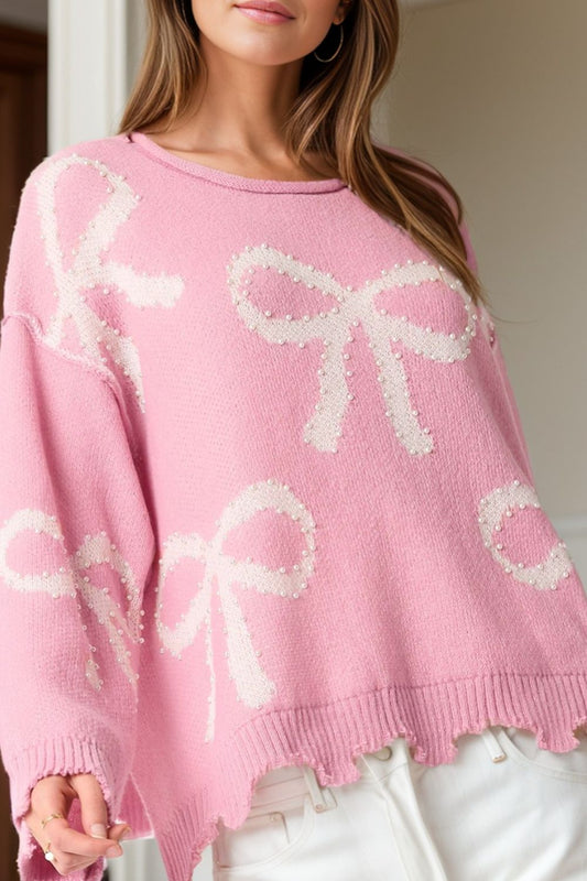 Pearl Detail Bow Round Neck Long Sleeve Sweater