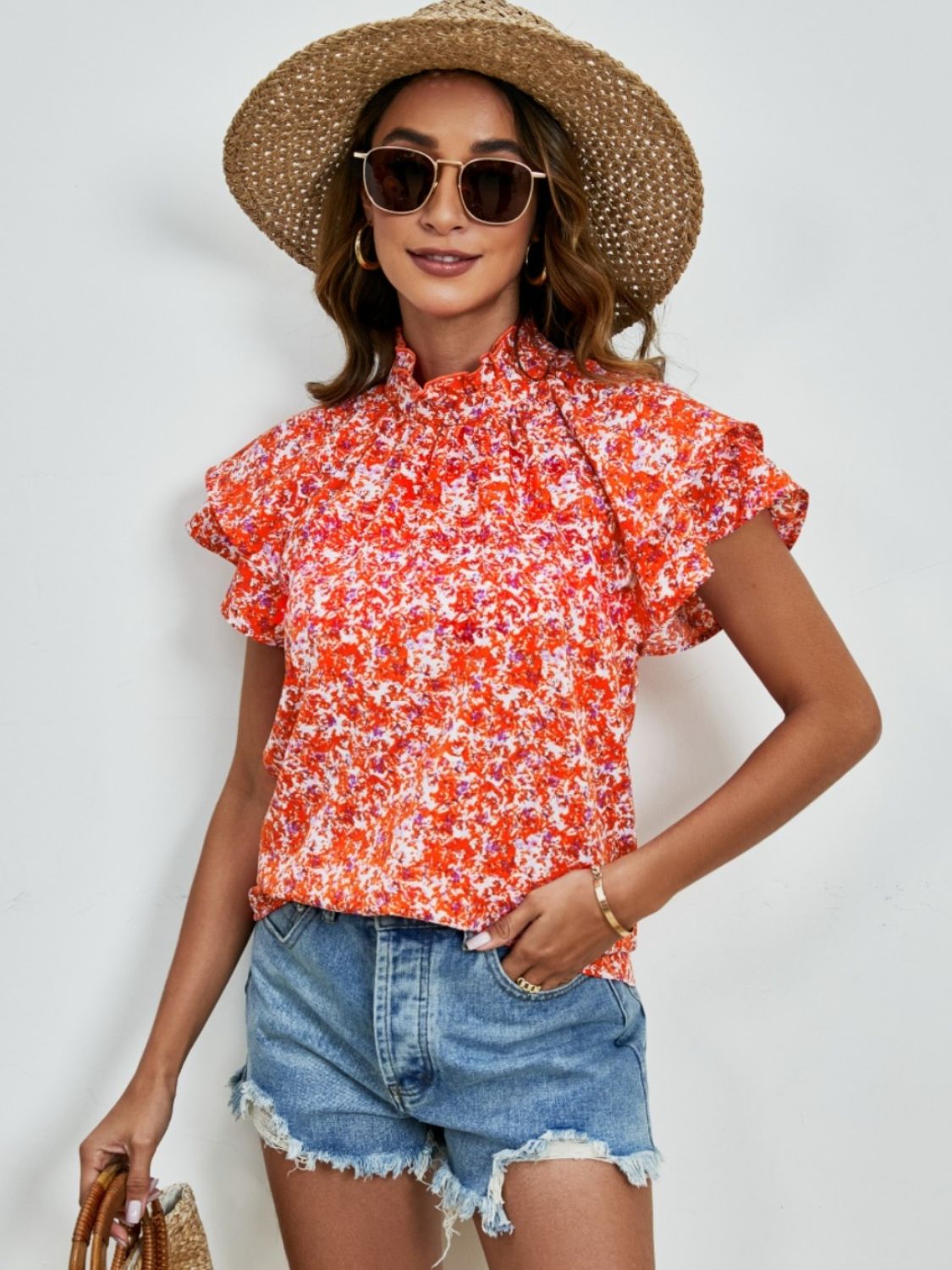 Ditsy Floral Mock Neck Flounce Sleeve Blouse