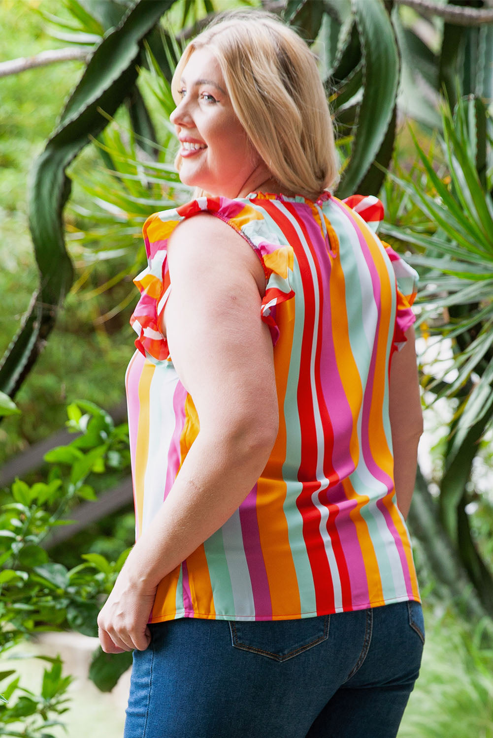 Plus Size Striped Round Neck Ruffled Tank