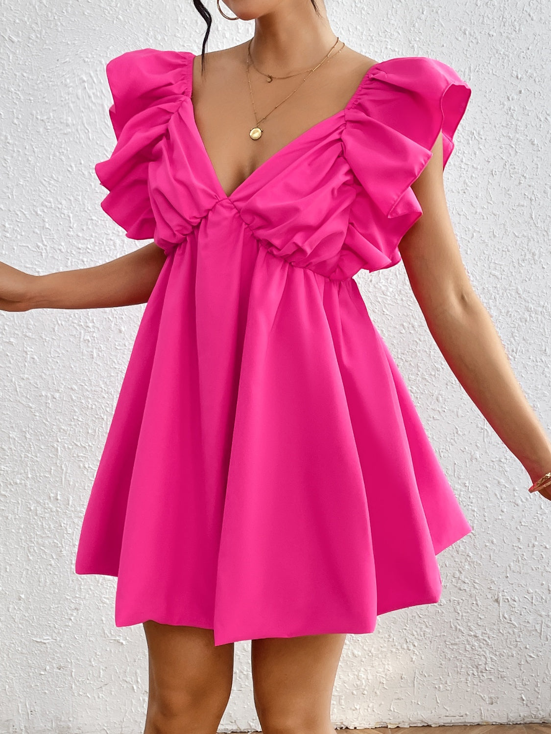 Ruffled V-Neck Cap Sleeve Mini Dress