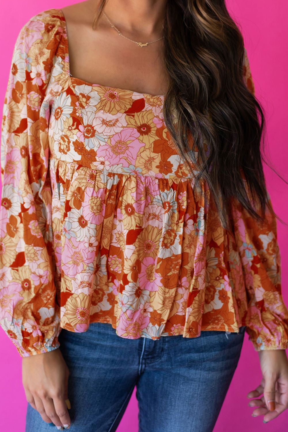 Smocked Printed Square Neck Balloon Sleeve Blouse