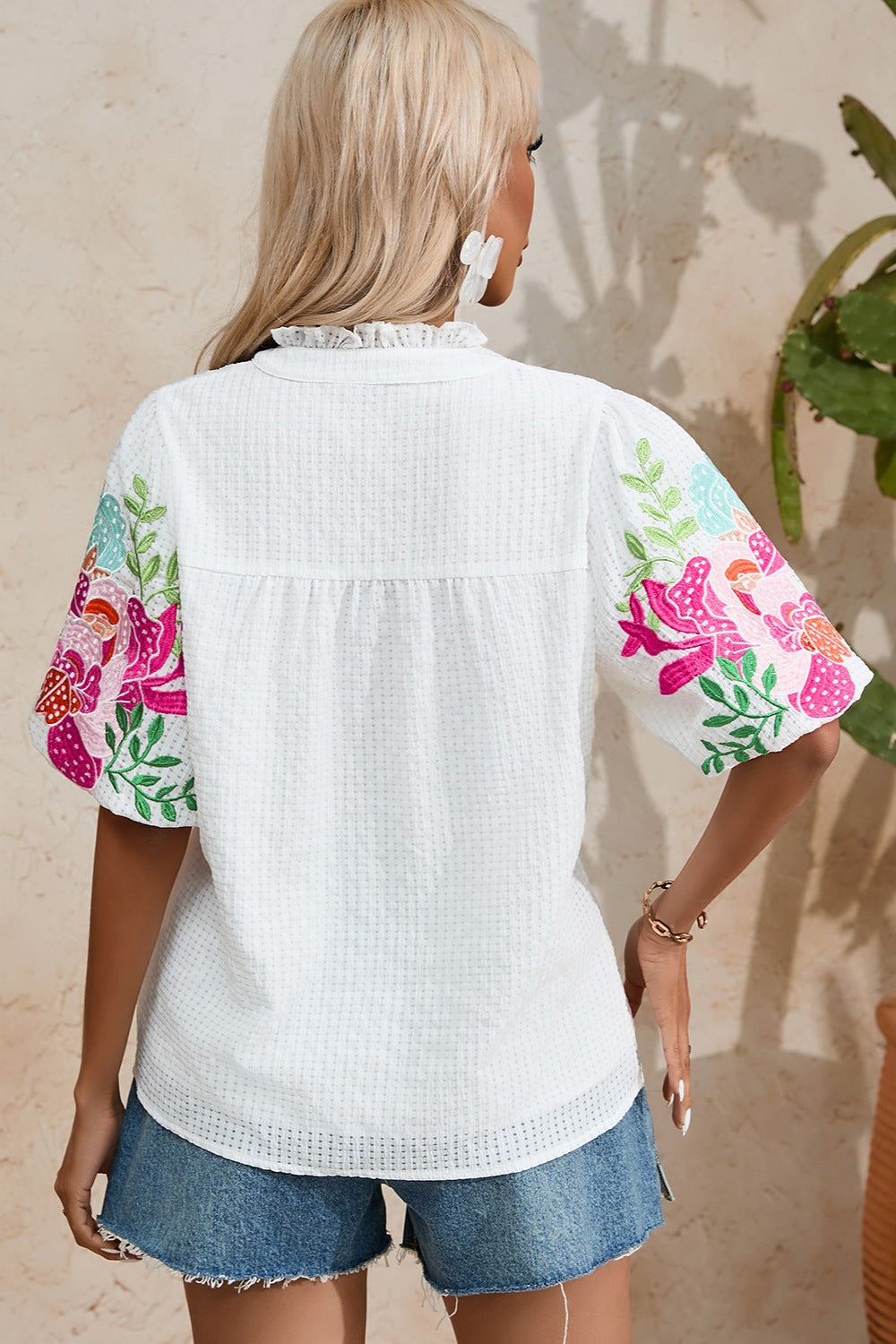 Embroidered Notched Half Sleeve Blouse